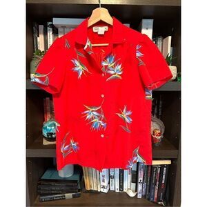 🐿️ Vintage 1970s Hukilau Fashions Honolulu Hawaiian Shirt Red Floral Size 8